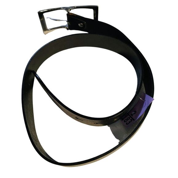 Italian Made Black Leather Belt Rectangular Silver Pull Through Buckle Size 32 - Picture 4 of 6